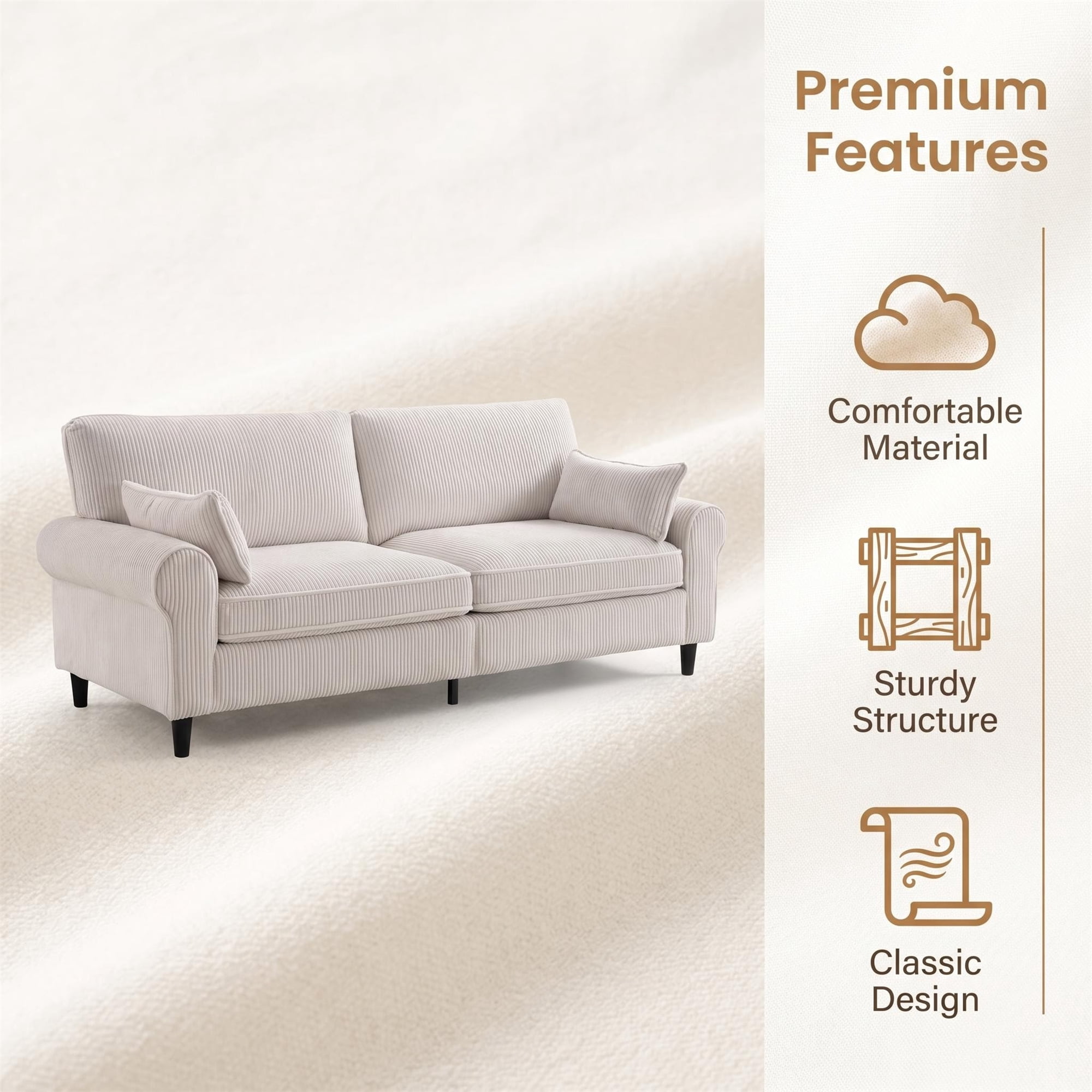Aukfa 81" Roll Arm Sofa 3 Seat Deep Seat Upholstered Couch for Living Room Bedroom, 2 Pillows, Corduroy, White