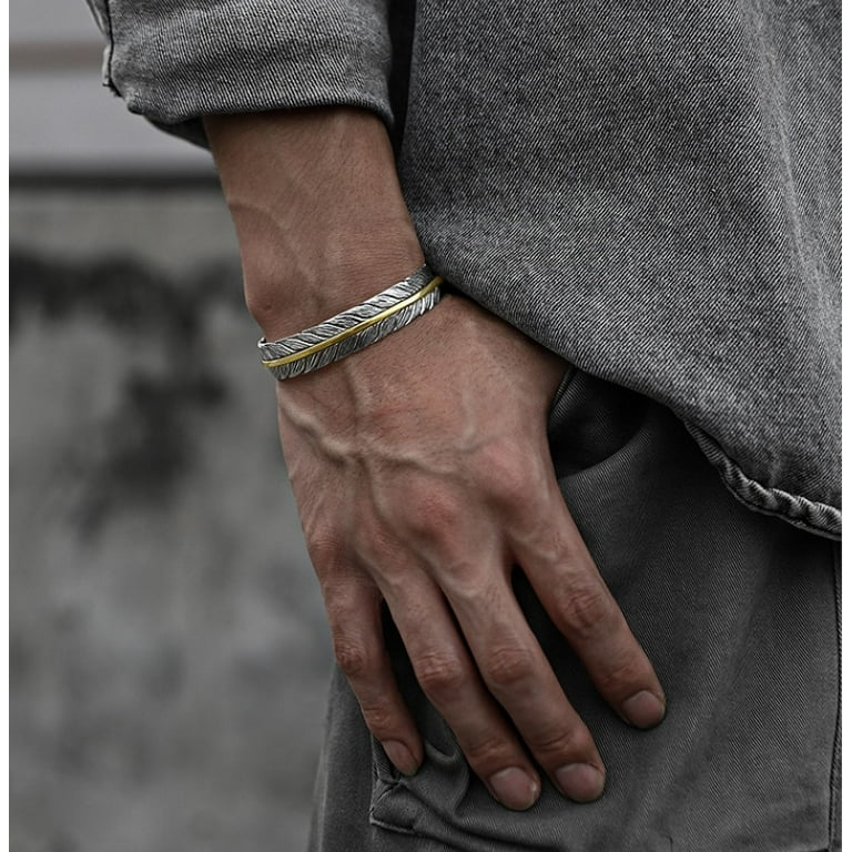Antique Silver Plated Wide Feather Cuff Bracelet For Men Women