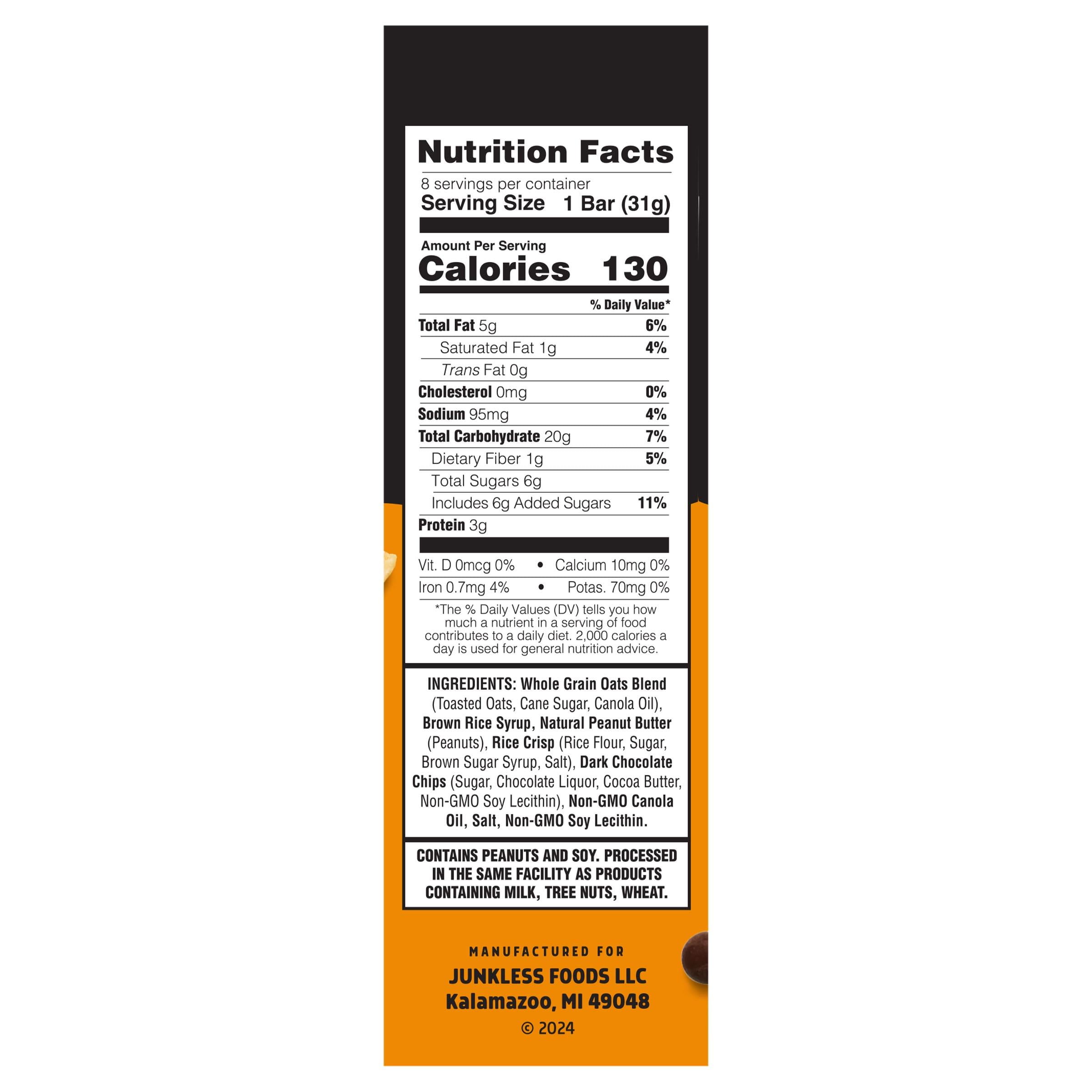 (4 pack) Junkless Chewy Peanut Butter Chocolate Chip Granola Snack Bars, 1.1 oz, 8 Count