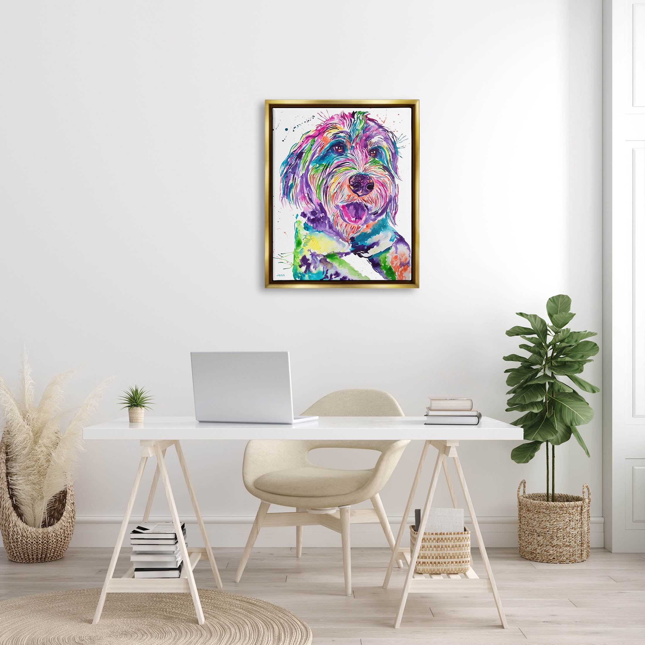 Smiling Terrier Modern Vivid Dog Animals & Insects Graphic Art Metallic Gold Framed Art Print Wall Art