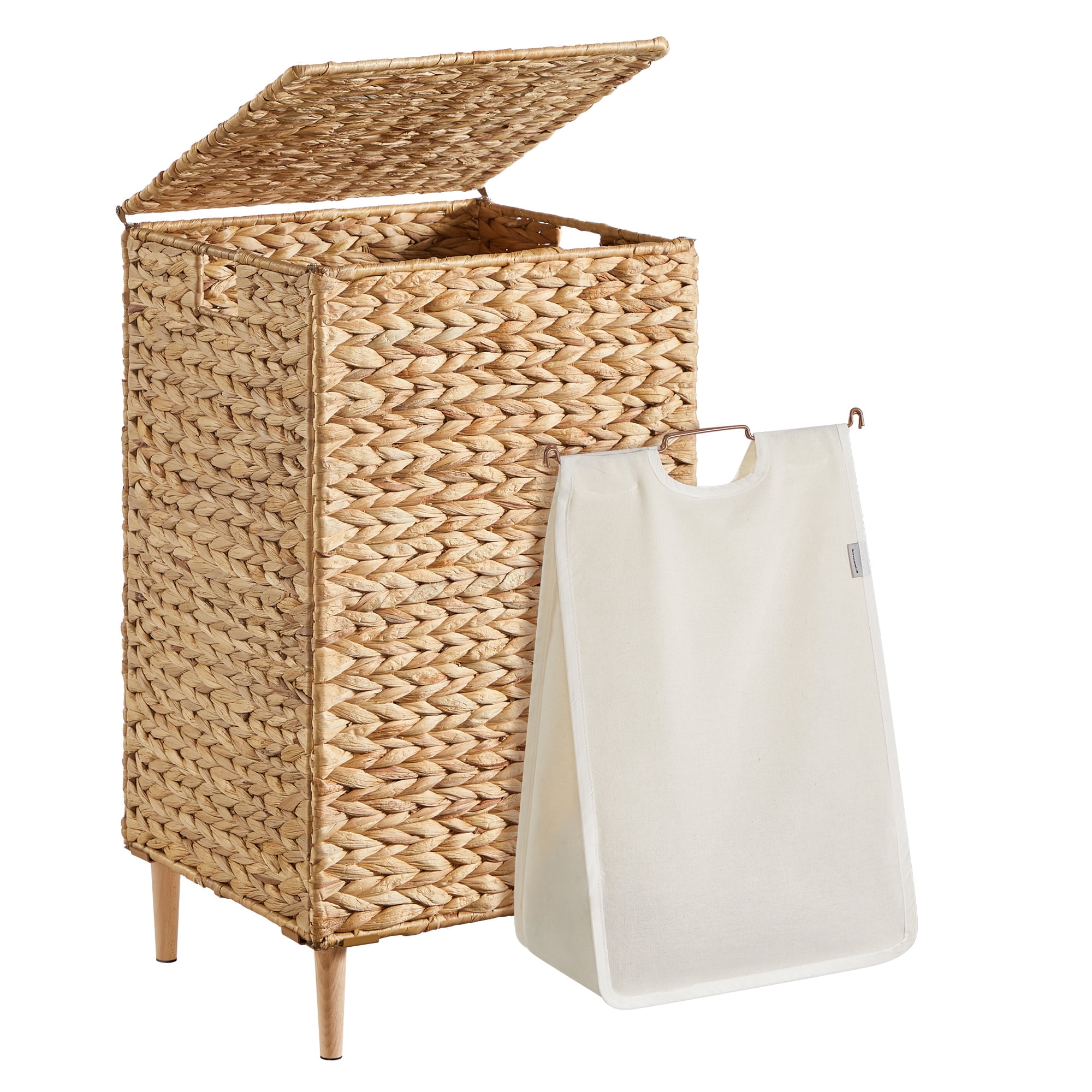 25-Gallon Handwoven Laundry Hamper with Lid and Washable Liner, Natural Water Hyacinth Basket with Wooden Feet, Steel Frame