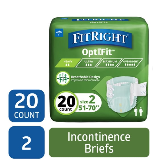 FitRight Stretch Adult Incontinence Briefs, Diapers with Tab, Moderate Absorbency, Size 2, 51in to 70in, 20 Count