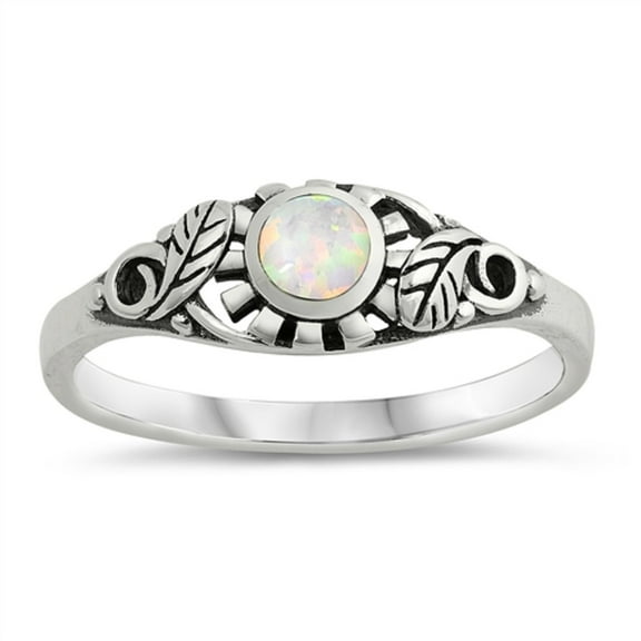 Round White Simulated Opal Center Floral Leaves Ring Sterling Silver Size 7