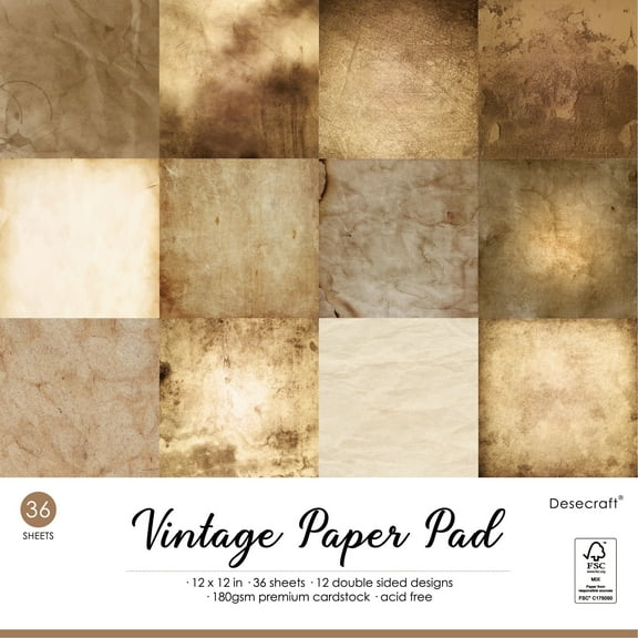 Desecraft Vintage 12x12 Scrapbooking Cardstock Decorative Paper - 36 Sheets - for Card Making Journaling Planner Origami Decopage Decorative Scrapbook Paper Scrapbook Materials Supplies