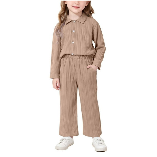 Conjunto de manga larga con cuello vuelto para niña, top abotonado de manga larga con cuello vuelto, cintura elástica y bolsillos, pantalón de poliéster.