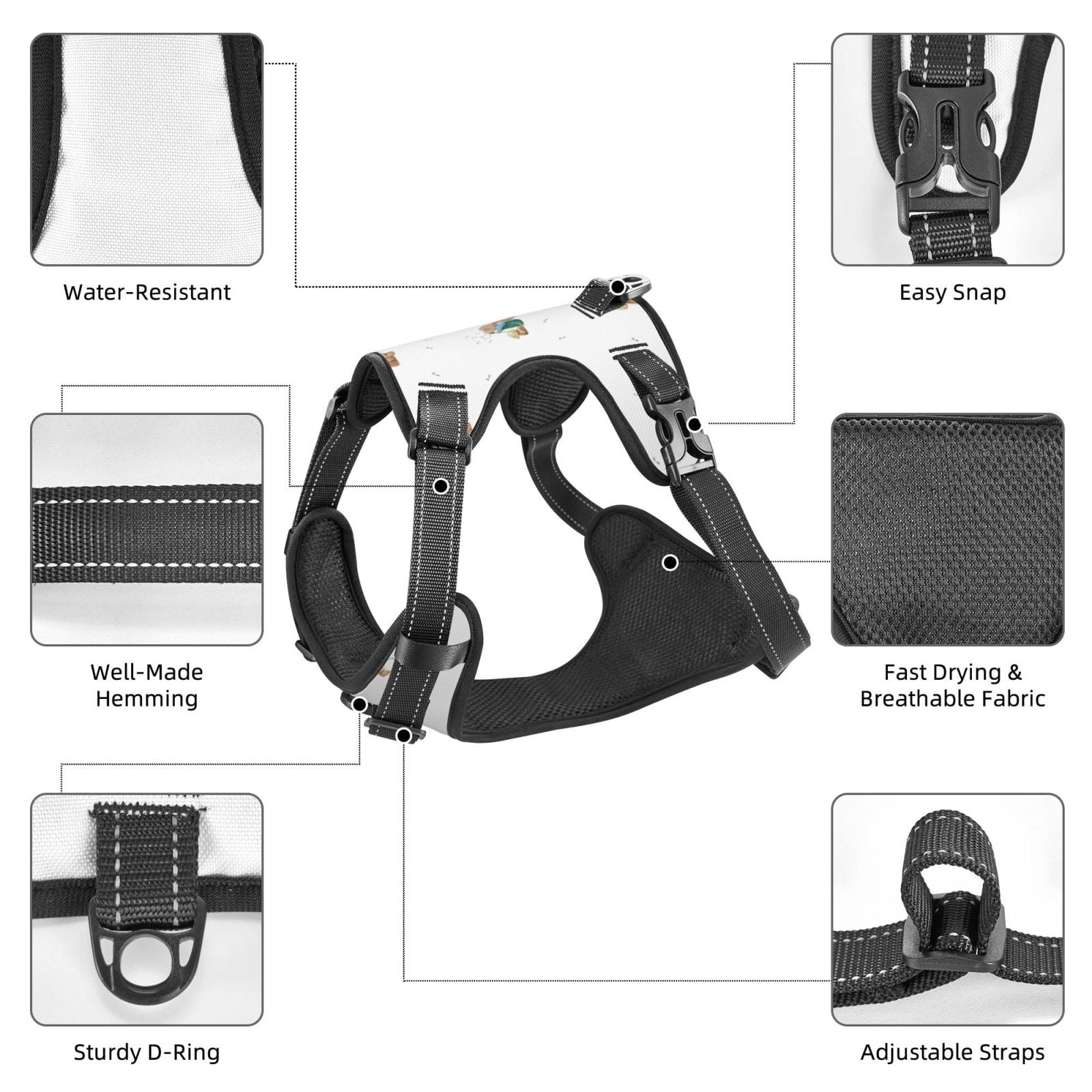 Vsdgher Rabbit Blowing Dandelions Pattern Dog Harness,No Pull Pet Harness with Soft Padded Handle,Adjustable Reflective Vest with 2 Buckles,4 Slide Buckles,S-XL Medium