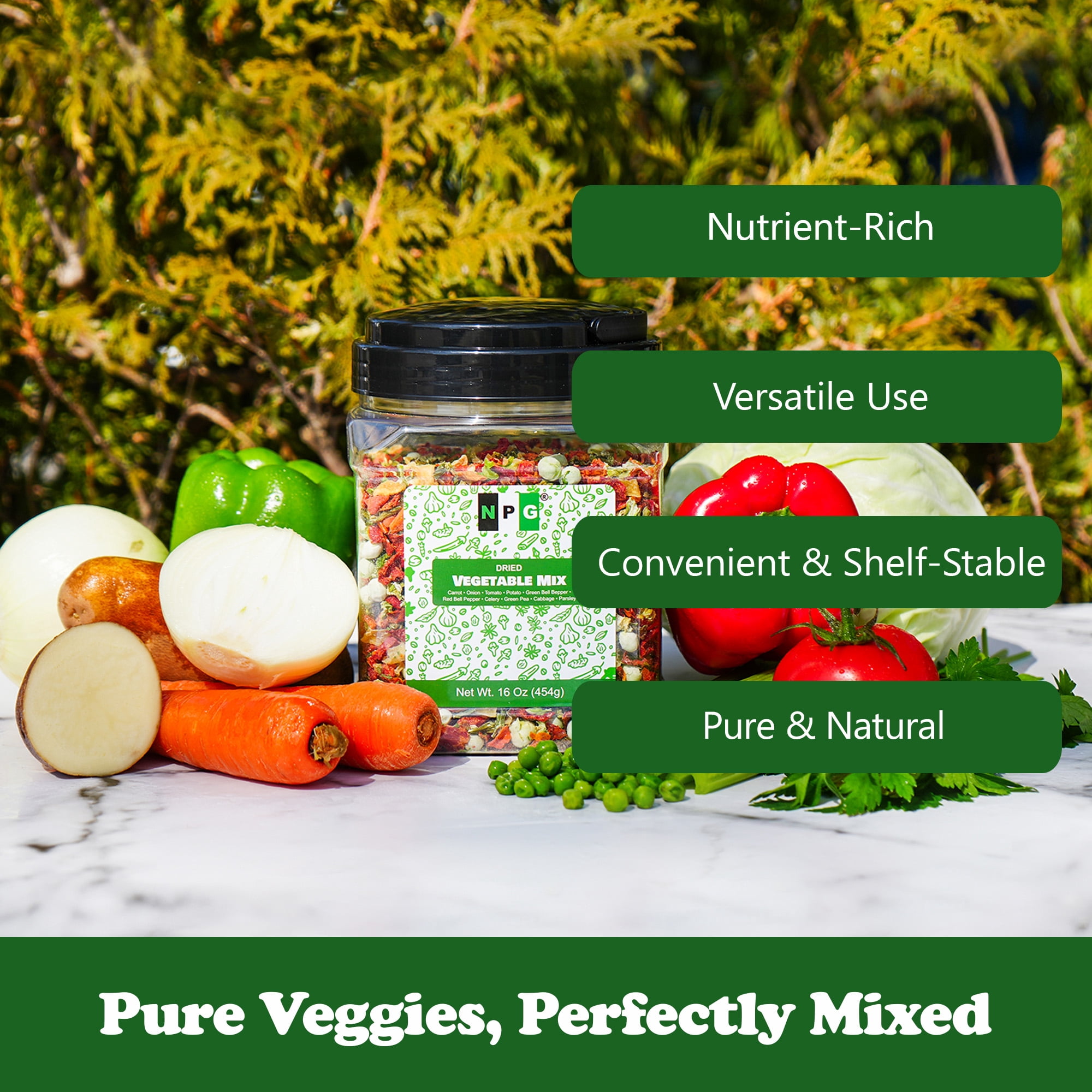 NPG Dried Vegetable Mix 16 oz (1 LB), Dehydrated Veggies for Soup, Ramen, Stir Fry & Cooking, Carrots, Onions, Tomatoes, Potatoes, Bell Peppers, Celery, Peas, Cabbage & Parsley
