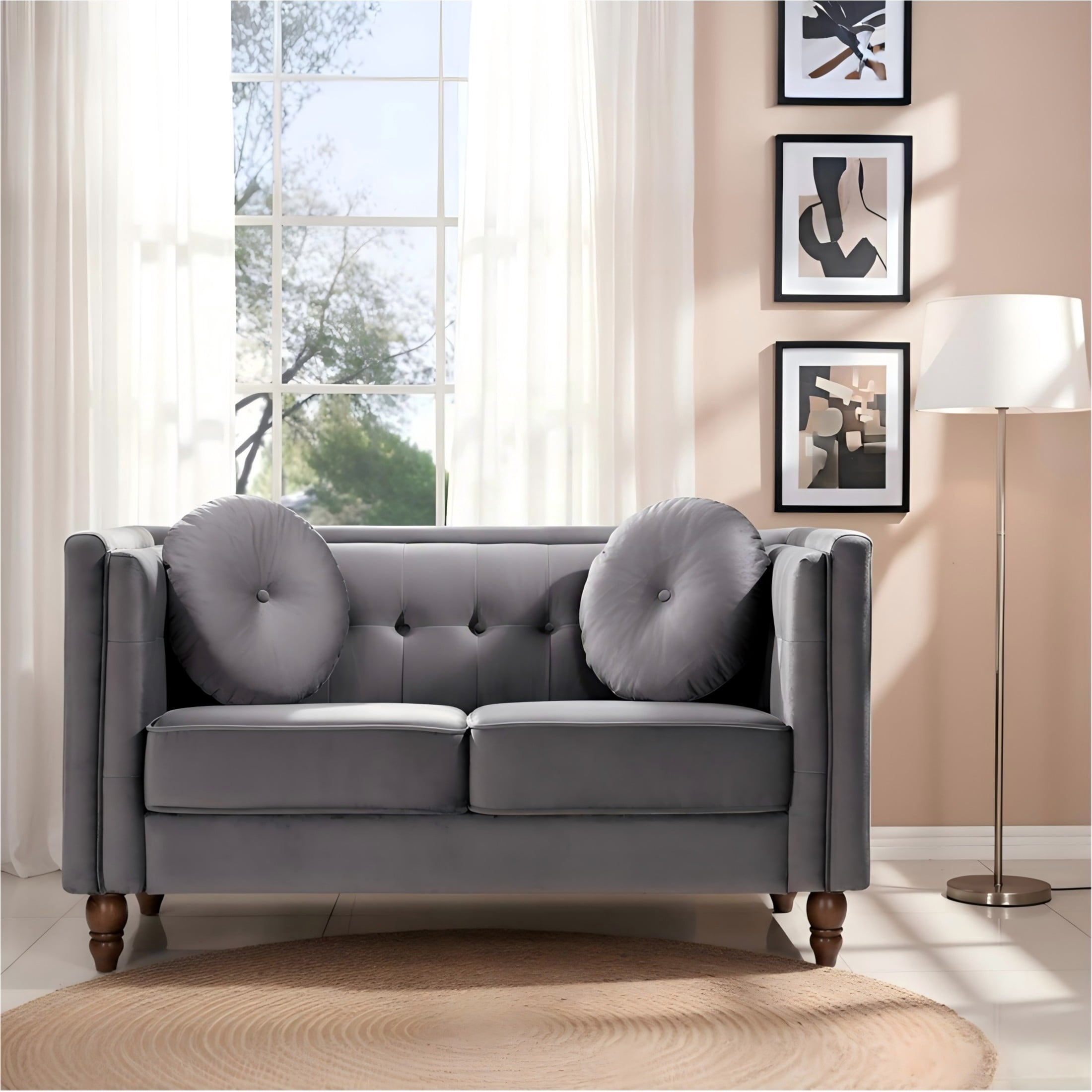 GDF Studio 58.3" Loveseat with Button-Tufted Crushed Velvet Upholstery & Tapered Wood Legs, Gray