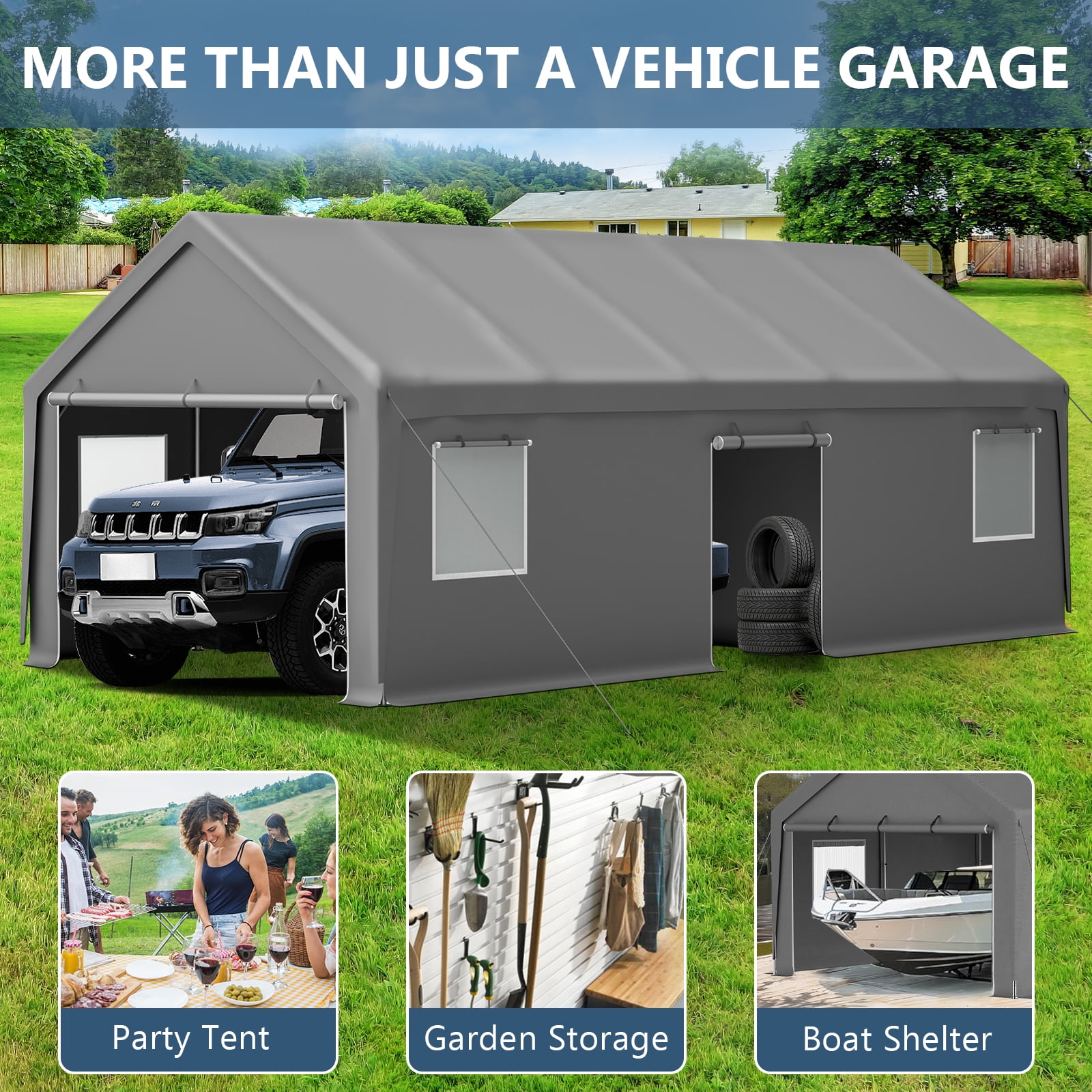 13x26 ft Heavy Duty Carport Canopy with Roll-up Ventilated Windows & Doors, Side Door Portable Garage with Metal Frame, Car Canopy with Waterproof & UV-Resistant for Car, Truck, Boat - Grey