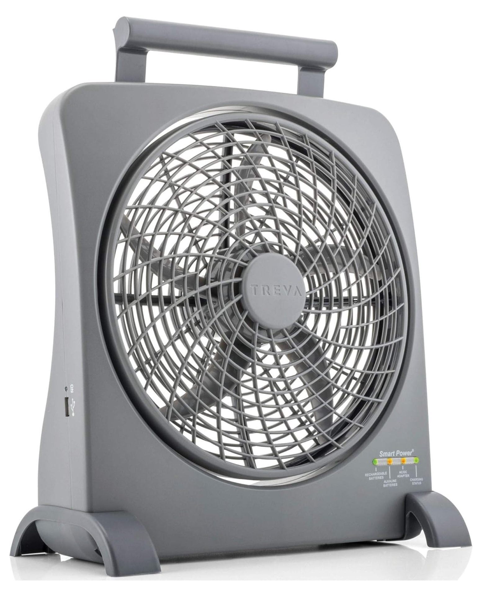 Treva 10 inch Rechargeable Portable Fan Smart Power Air Circulator. Plug-In Adapter and Battery Powered, USB Charging Port, For Camping Travel and Indoors Use