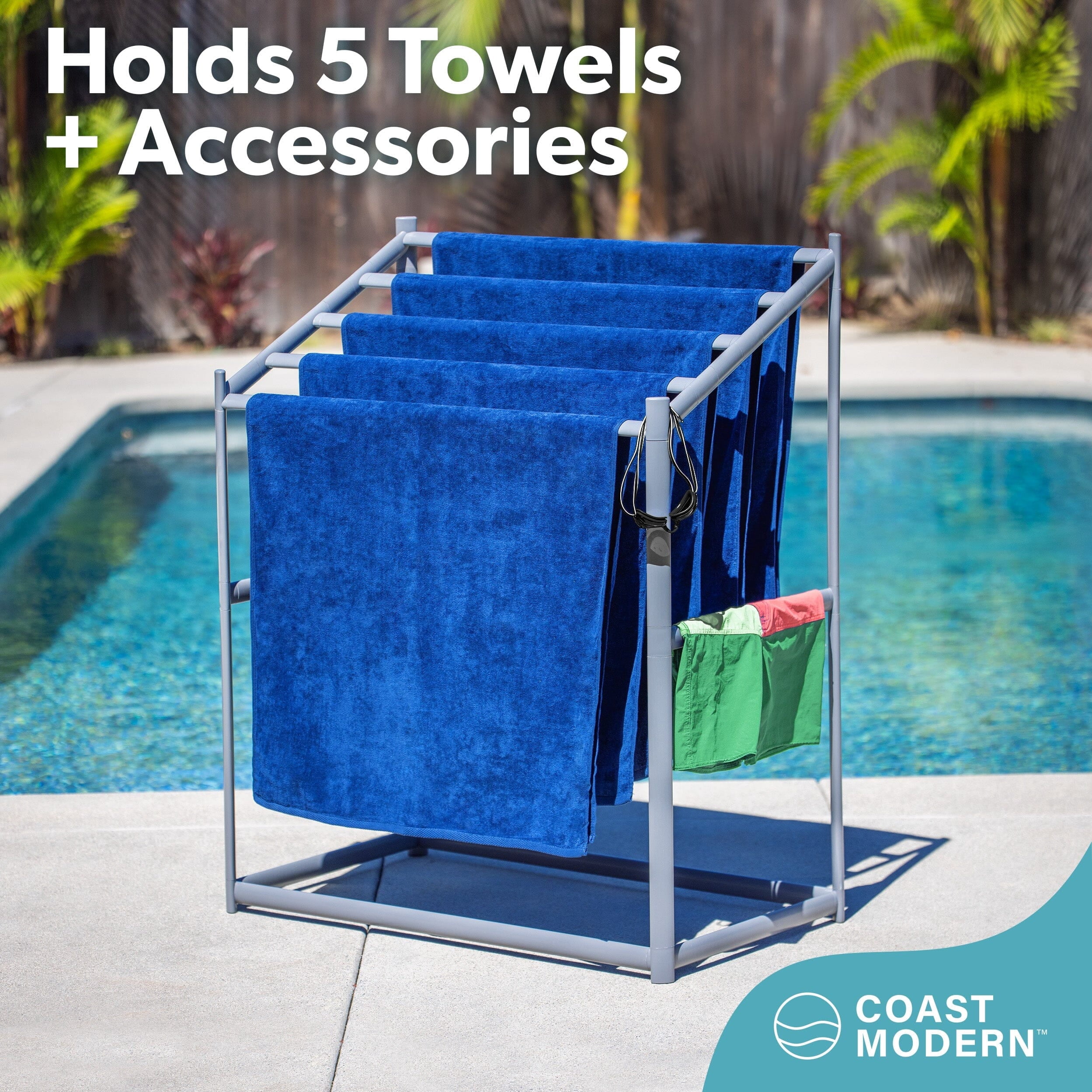Coast Modern Pool Towel Rack – 5 Beach Towel PVC Drying Rack for Outdoor & Indoor Use - Gray