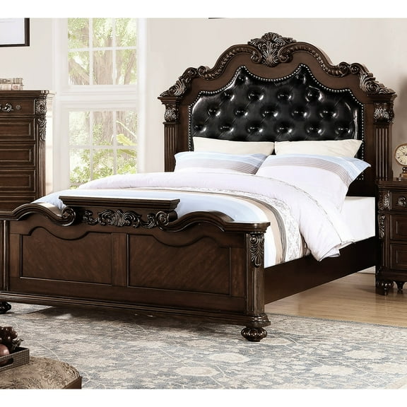 Fabulous Queen Size Bed With Faux Leather Upholstered Headboard And Traditional In Dark Walnut Plywood Bedframe