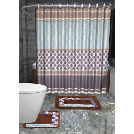 Olivia 15-piece royalty Bathroom Accessories Set Rugs Shower Curtain & Matching Rings Brown &