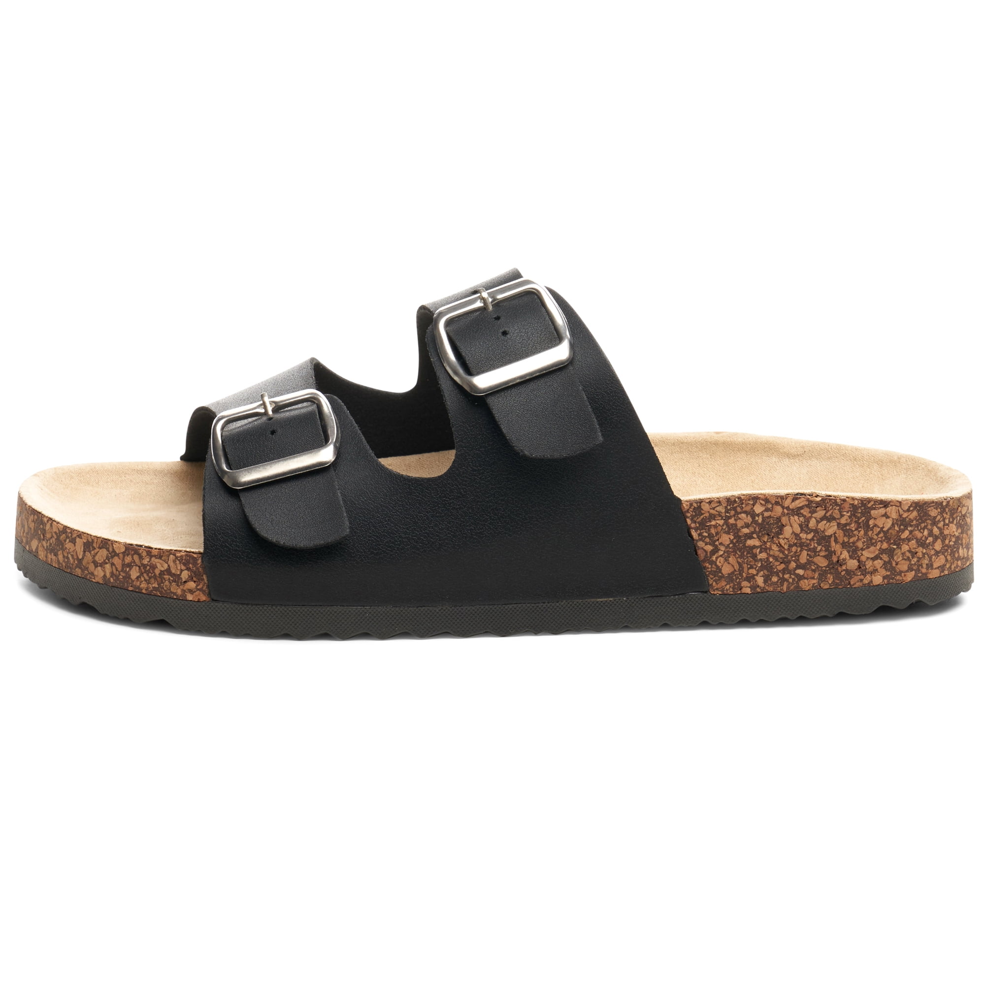 Womens Double Strap Contour Sandals Slip on Buckle Slides Vegan Leather Footbed Sandal Ergonomic Cork-Inspired Sole Summer Footwear