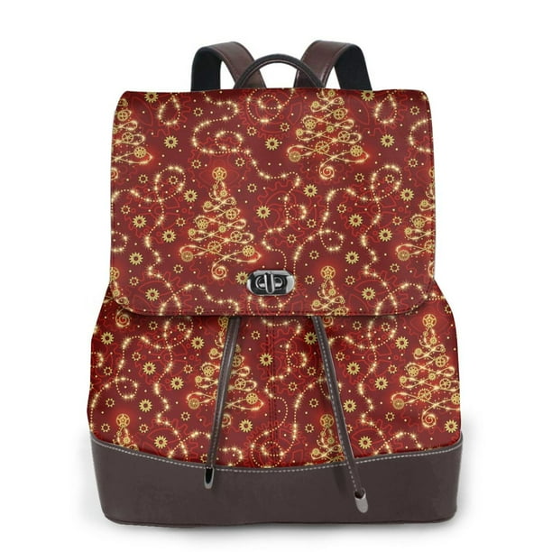 Easygdp Christmas Tree On A Red Background Mochila de Cuero para Mujeres, Bolso de Hombro, Bolsos de Mano de Moda para Trabajo y Viajes