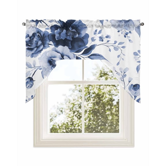 Blue Floral Art Kitchen Curtains Swag Valance for Windows/Bathroom/Cafe, Watercolor Botanical Spring Flowers Rod Pocket Drape Panel Swag Curtains Valance for Bedroom/Living Room 56"x36"