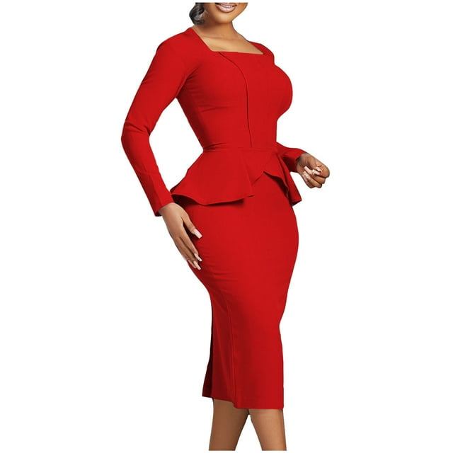 QIPOPIQ Robe Moulante à Basque pour Femmes, Manches Courtes, Encolure Carrée, Boîte de Nuit, Volants, Coupe Crayon, Robe de Soirée, Liquidation