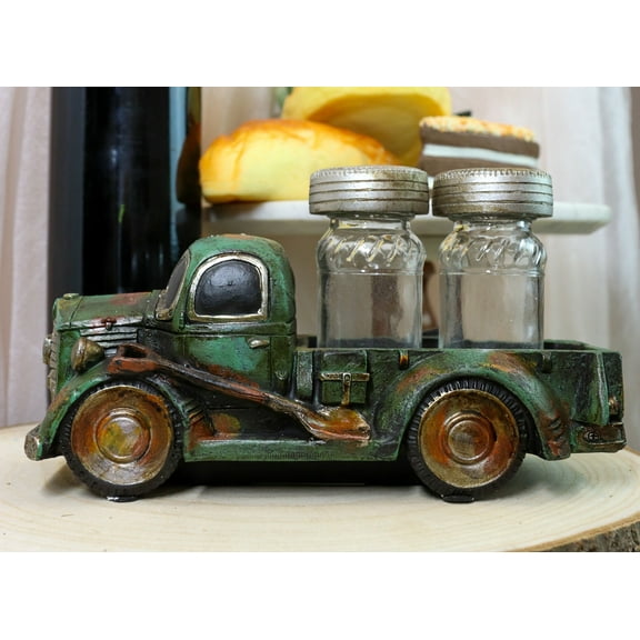 Old Fashioned Vintage Green Pickup Truck Figurine Holder W/ Salt Pepper Shakers