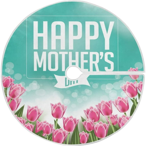 FMSHPON Happy Mothers Day Tulips Xmas Christmas Tree Skirt Stand Mat for Holiday Party Decoration Indoor Outdoor 48 inches