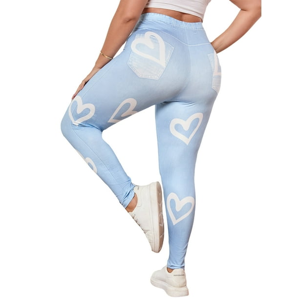 MAWCLOS Women Plus Size Leggings High Waist Fake Jeans Tummy Control Faux  Denim Pant Soft Yoga Heart Print Jeggings Light Blue 3XL 