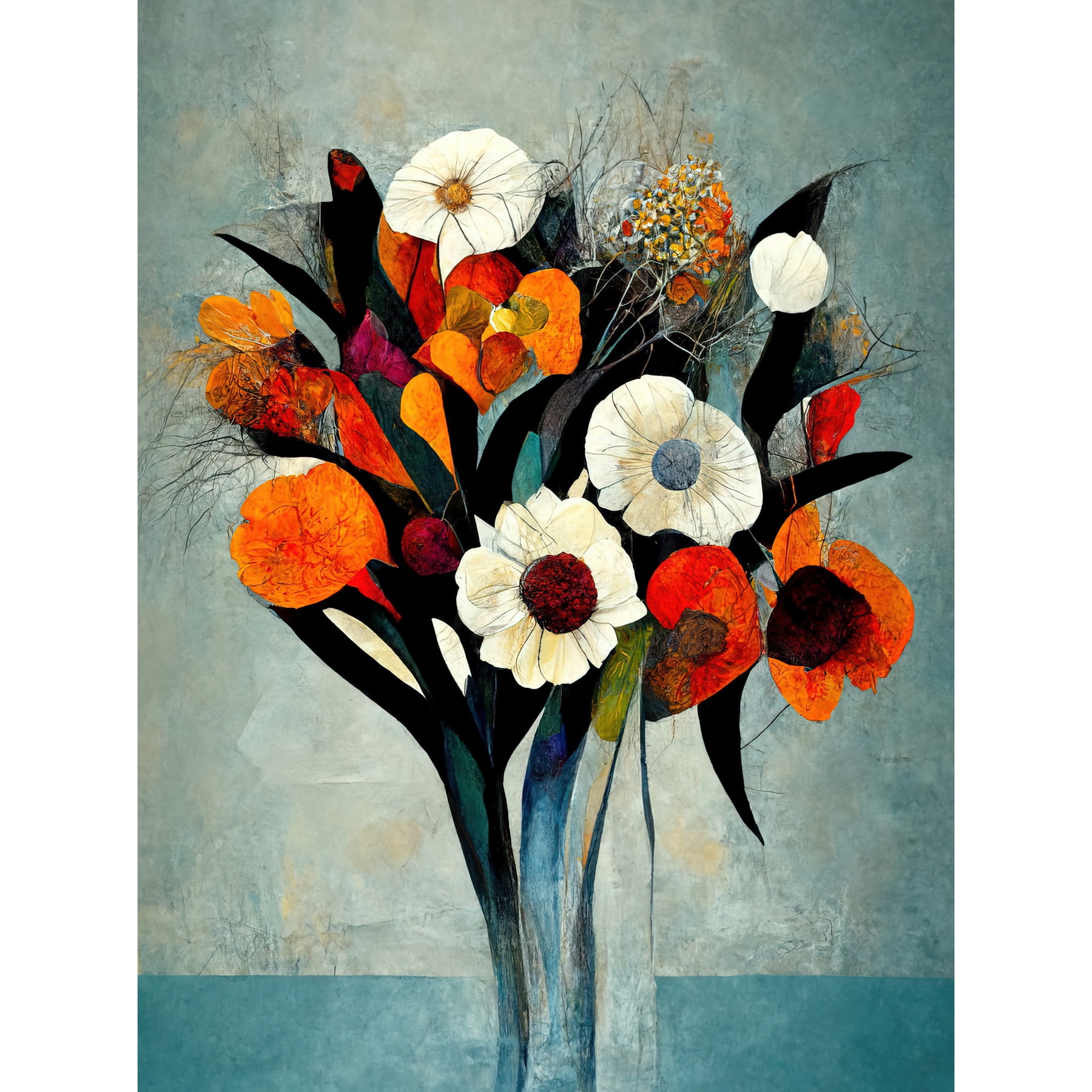 Teal Orange Flowers Floral Bouquet Modern Unframed Wall Art Print ...
