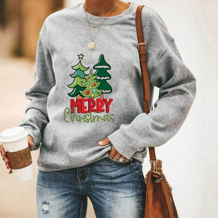 

jsaierl Oversized Sweatshirts for Women Round Neck Long Sleeve Shirts Christmas Tree Pattern Tops Dressy Casual 2022 Blouse Tee Pullover Christmas Gifts for Women