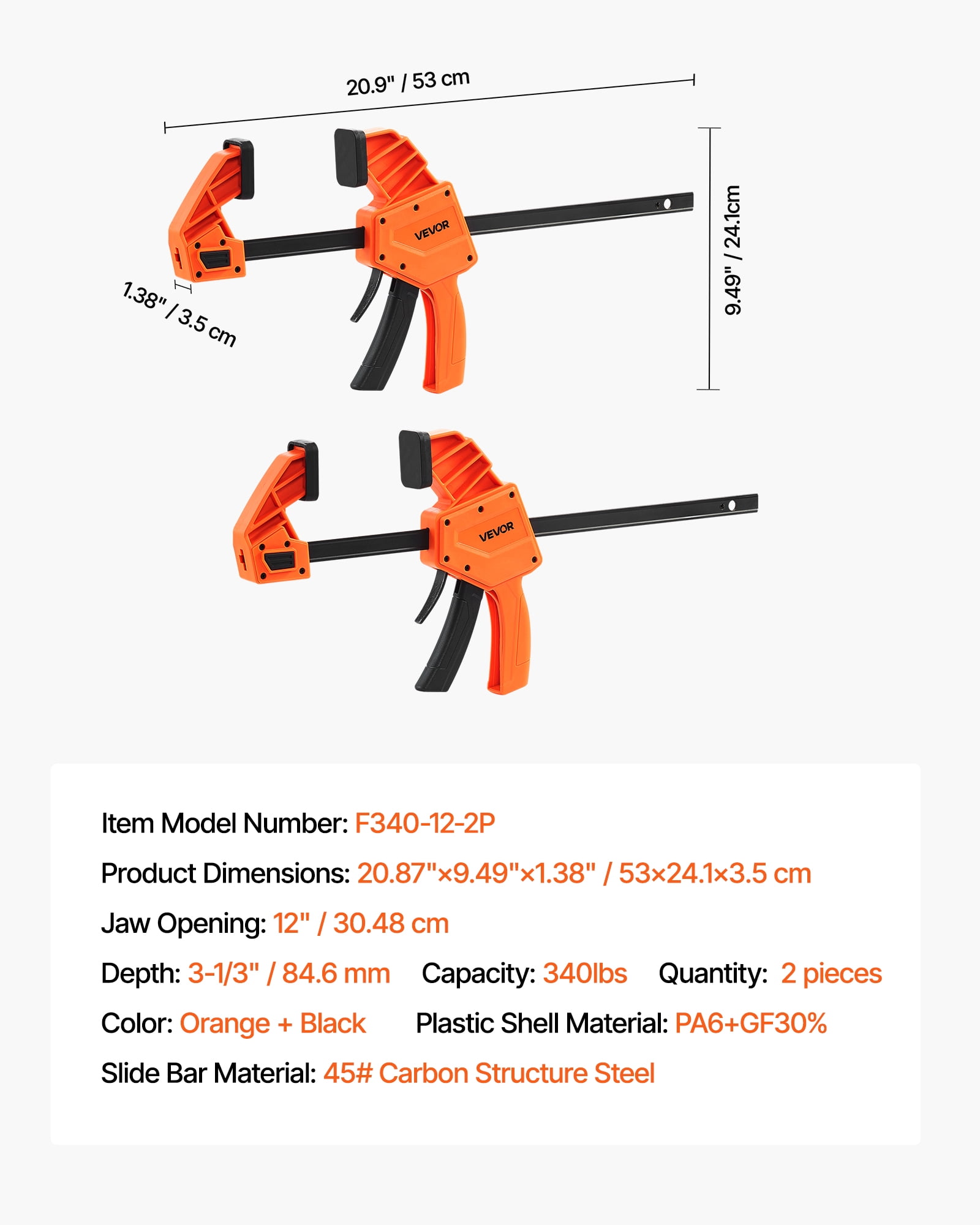 VEVOR Bar Clamps for Woodworking, 2-Pack 12 inch One-Handed Clamp/Spreader, Quick-Grip F-Clamp with 340 lbs Load Limit,Premium Plastic and Carbon Steel, for Woodworking Metal working,Orange + Black