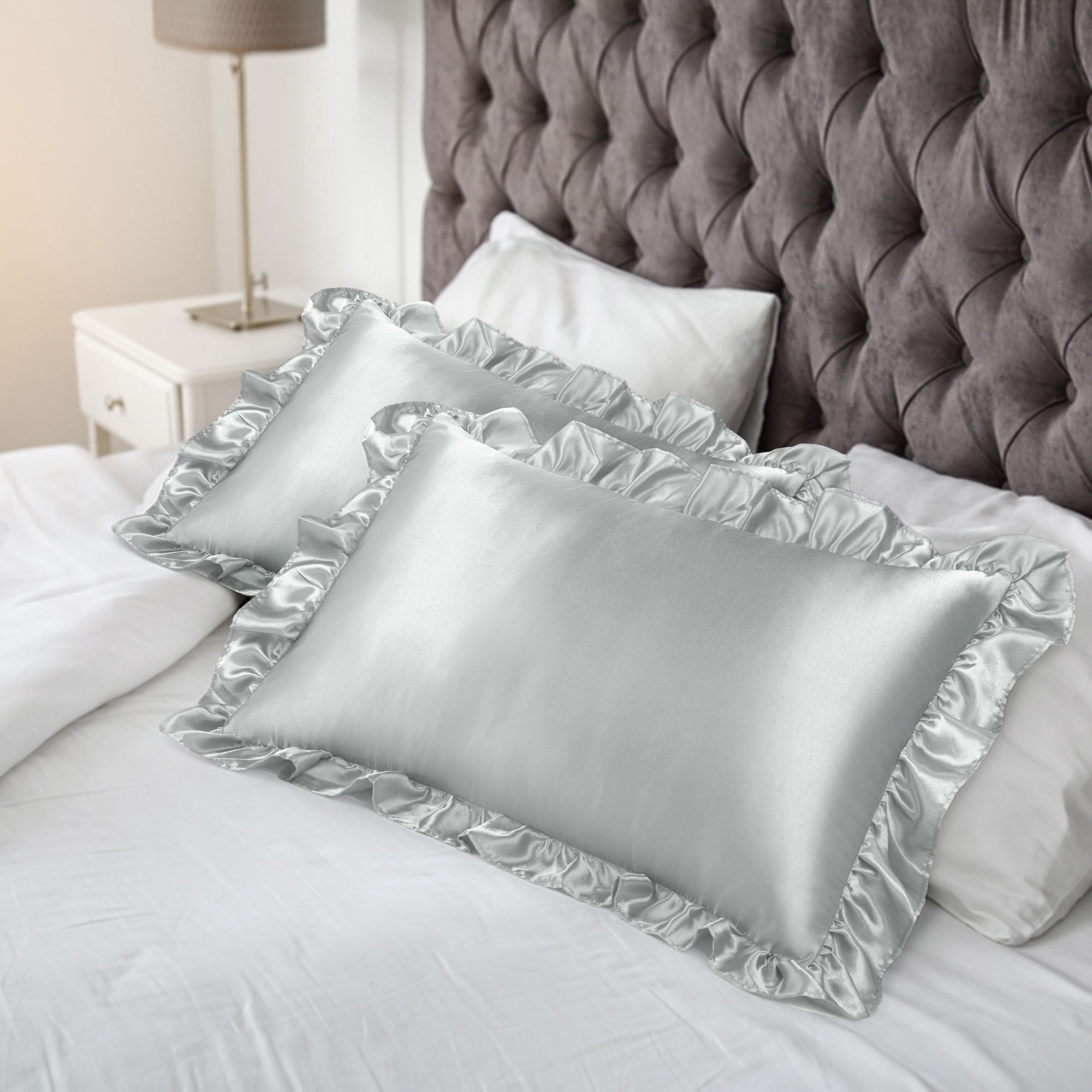 Unique Bargains Satin Ruffle Envelope Closure Pillowcases Set of 2 Silver Grey 20"x26"
