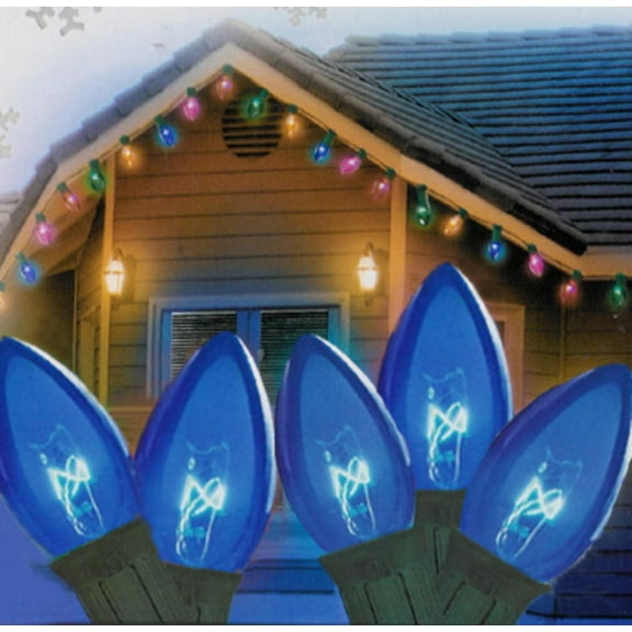 Set of 25 Transparent Blue C9 Christmas Lights 12" Spacing - Green Wire