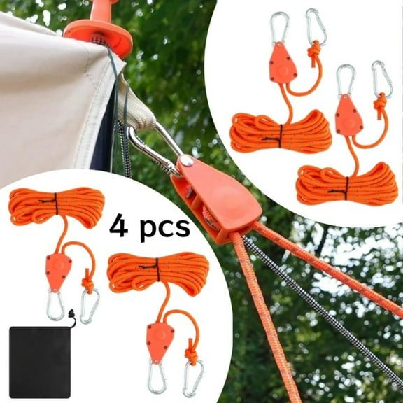 Pack of 4 Rope Ratchet, Adjustable Ratchet Hangers 4 m, 1/8 Inch, with Drawstring Bag, Reflective Guy Ropes Rope for Plant Lamp and Tents