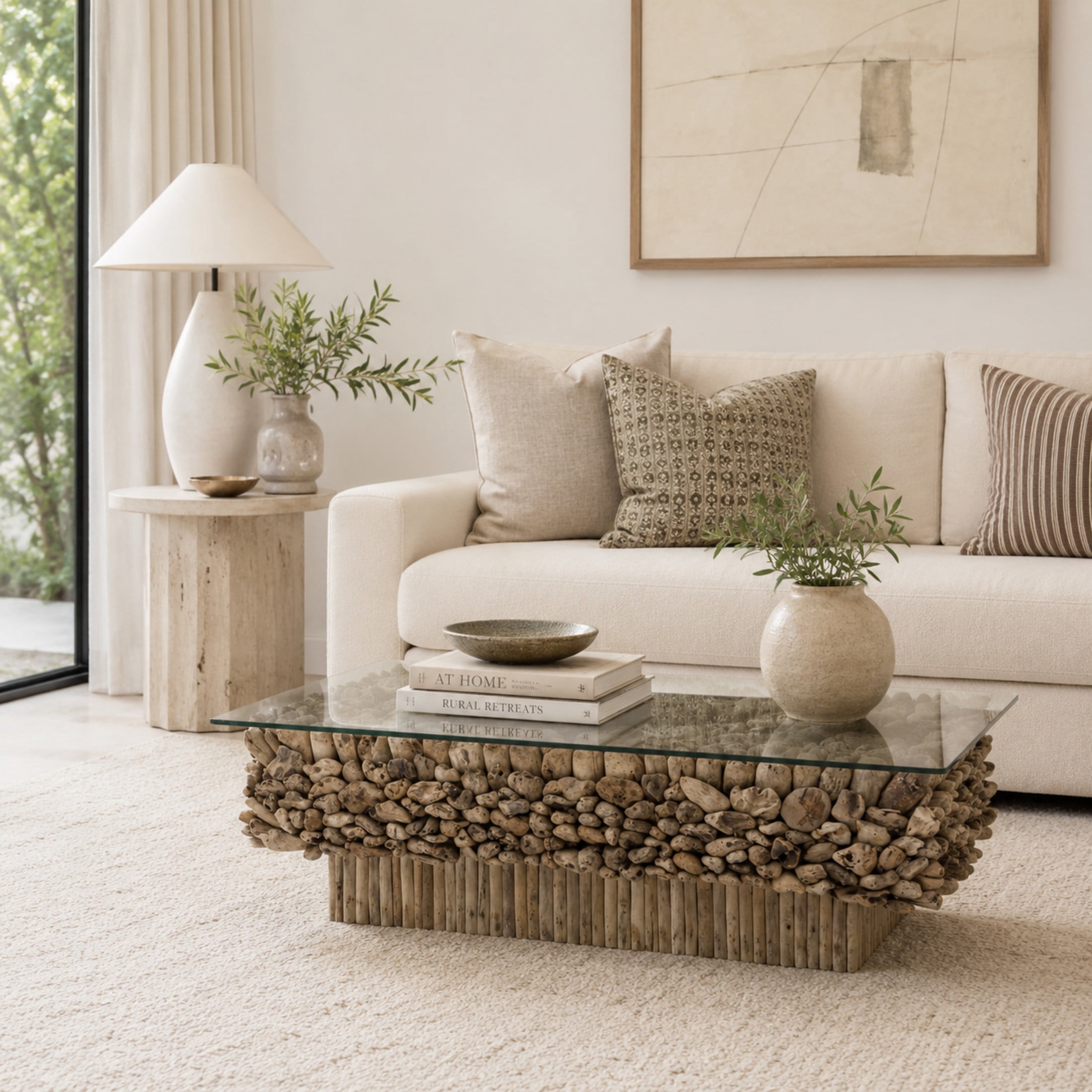 DecMode 49" x 17" Brown Driftwood Handmade Stacked Collage Coffee Table with Tempered Glass Top and Pedestal Base, 1-Piece