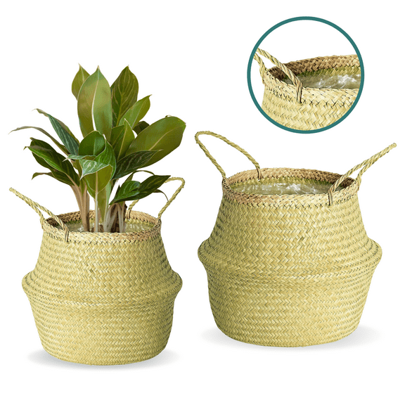 Seagrass Plant Basket Indoor, Outdoor |  Woven Large Seagrass Basket for Plants, Picnic Tree Basket Planter | Wicker Large Belly Basket with Plastic Liner for Storage, Flower Pots (Set of 2)