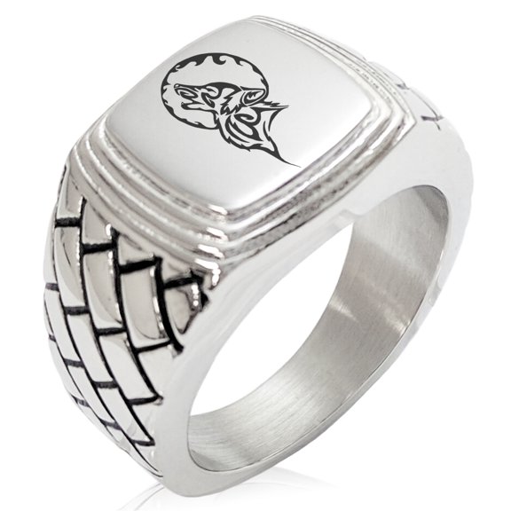 Stainless Steel Howling Mad Wolf Geometric Pattern Step-Down Biker Style Polished Ring