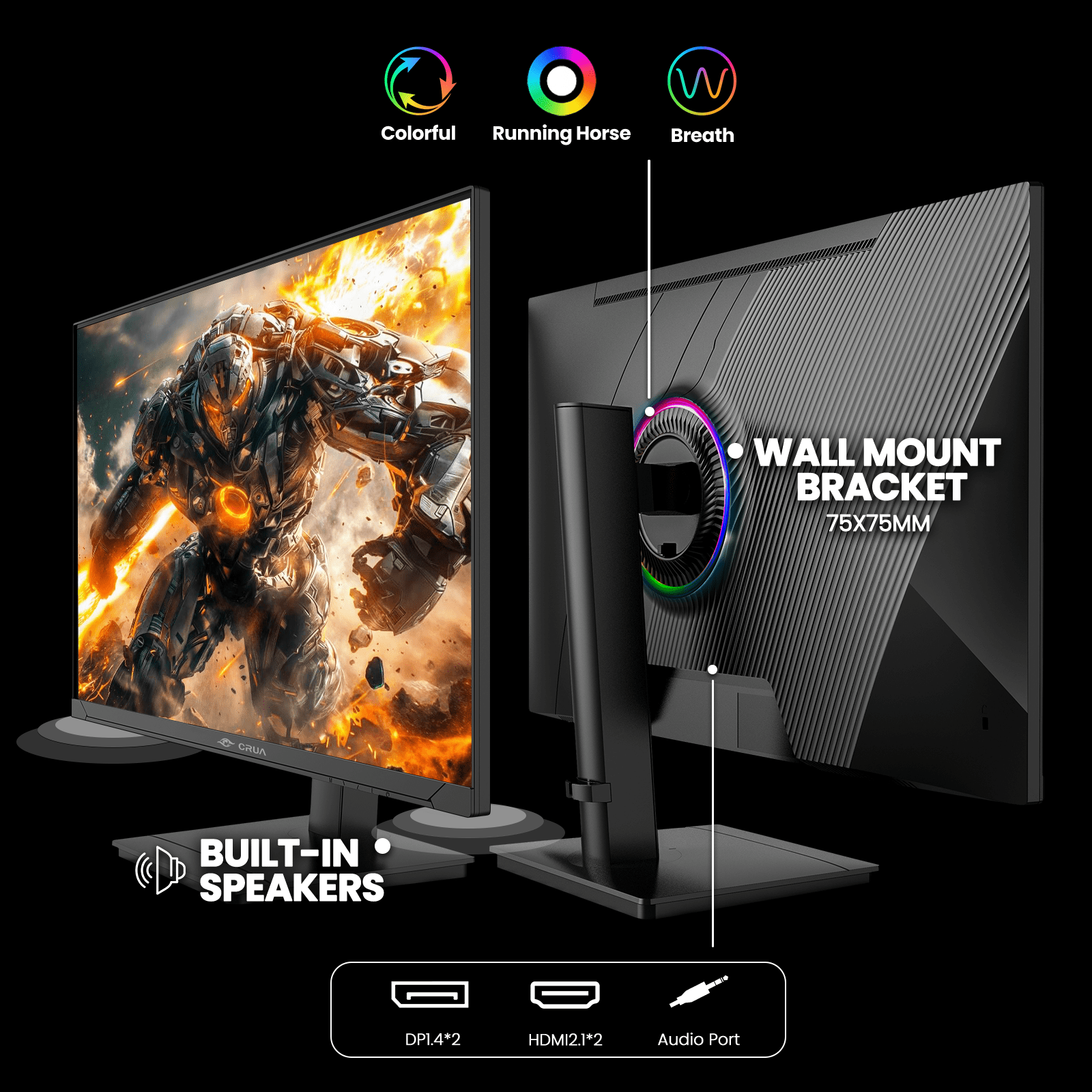 CRUA 27'' 2K 360Hz IPS Gaming Monitor, QHD 1440P, 120%sRGB, Built-in Speakers, Height/Pivot/Swivel/Tilt Adjustable, FreeSync, DP1.4 & HDMI2.1, Wall Mount-Black