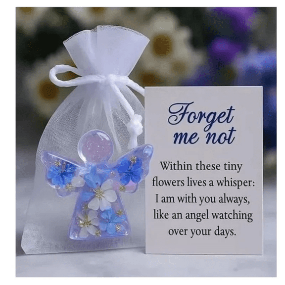 Forget Me Not Dried Flower Angel Keepsake Mini Resin Figurine with Sympathy Card,Angel Figurine with Organza Bag and Sympathy Card, Memorial Pocket Hug Token for Loss of Loved One Remembrance