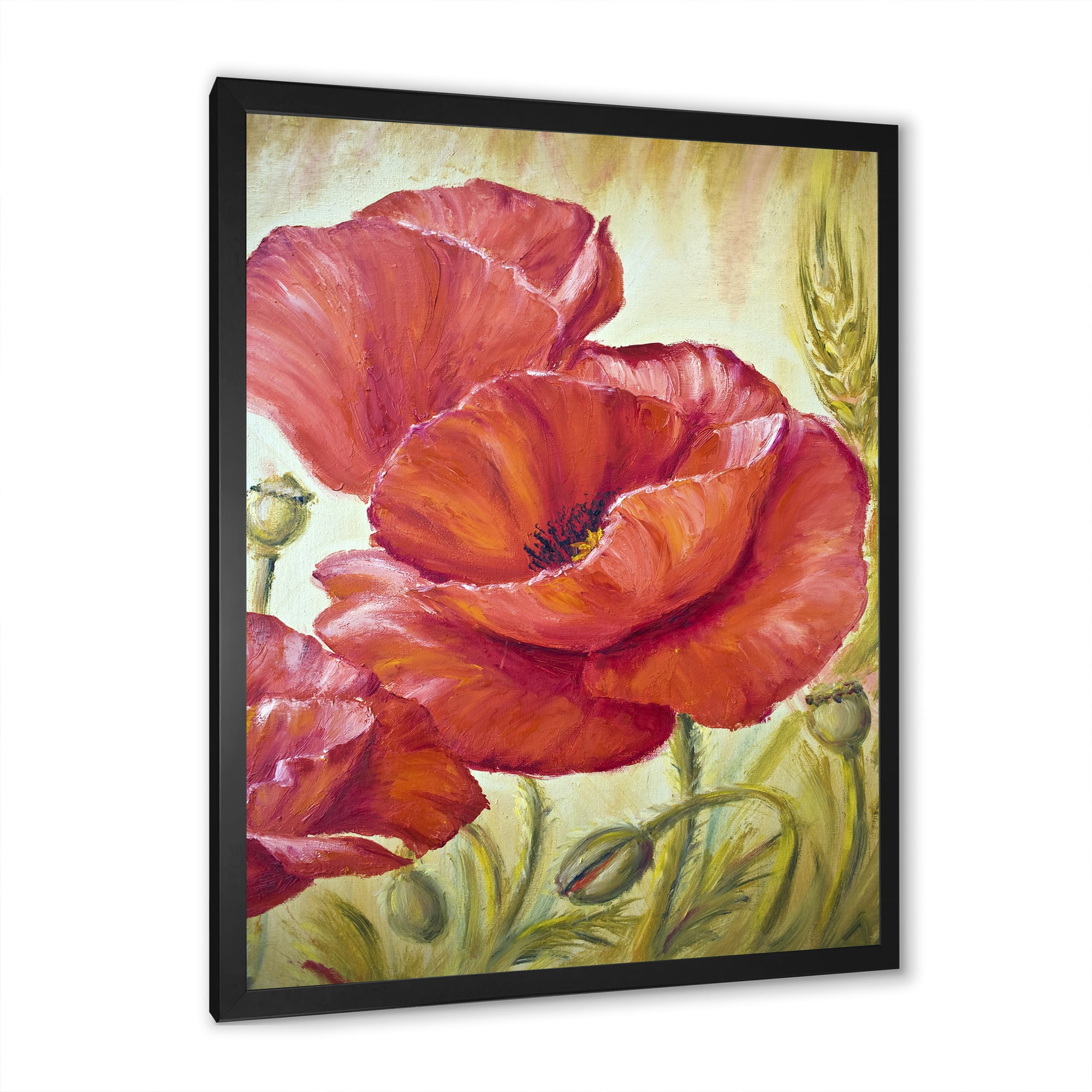 Designart 'Blossoming Red Poppies In Wheat Fields I' Traditional Framed Art Print