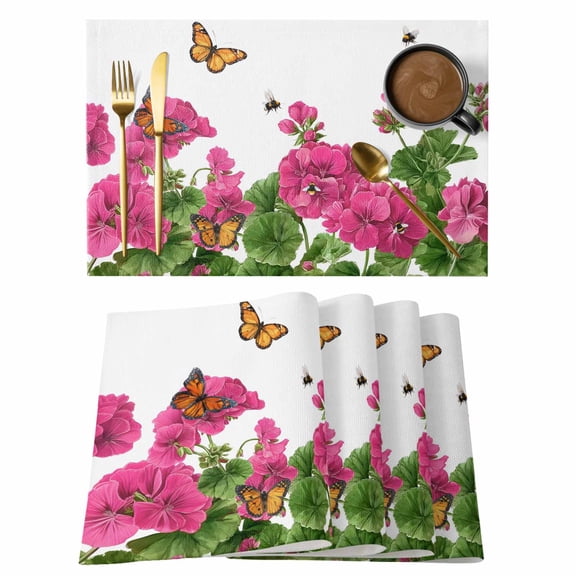 Pink Spring Floral Placemats Set of 12, Butterfly Farmhouse Placemats for Dining Table, Place Mats for Kitchen Tabletop, Waterproof Wipeable Dining Table Mats Set