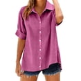thumbnail image 2 of Kelon Womens Short Sleeve Button Down Shirts V Neck Linen Cotton Business Work Blouses Trendy Tees Summer Loose Fit Tops Trendy, 4XL, 2 of 9
