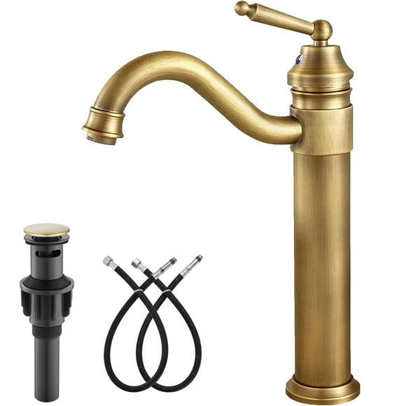 Robinet de Lavabo de Salle de Bain en Laiton Antique à Poignée Unique, Mitigeur de Robinet de Salle de Bain à Longue Portée, Évier Pop-Up en Laiton Brossé Sans Débordement Inclus Eau Chaude et Froide