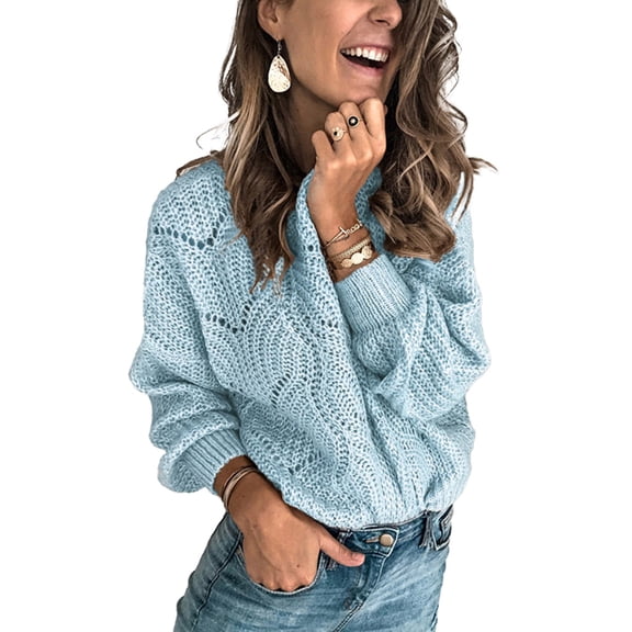 Womens Sweaters 2025 Crewneck Cute Elegant Soft Long Sleeve Hollow Cable Knit Pullover Tops