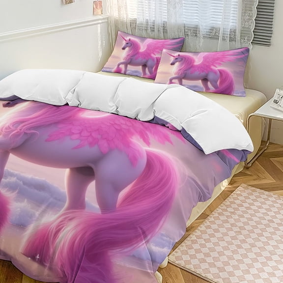 Pink Winged Unicorn Beach Fantasy Bedding Set Couple Bedclothes Pillowcase Customized Home Textiles Bed Set for Bedroom Decoration