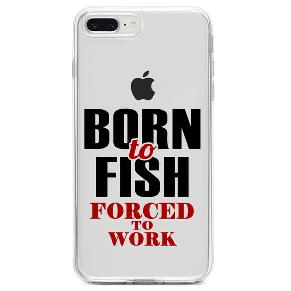 DistinctInk Clear Shockproof Hybrid Case for iPhone 7 PLUS / 8 PLUS (5.5" Screen) TPU Bumper Acrylic Back Tempered Glass Screen Protector - Born to Fish, Forced to Work