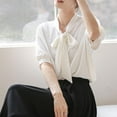 thumbnail image 3 of Olyvenn Elegant Bow Patchwork Shirt Tops V Neck Short Sleeve Solid Color Loose Blouse Sweet Fashion Women Clothing White M, 3 of 4