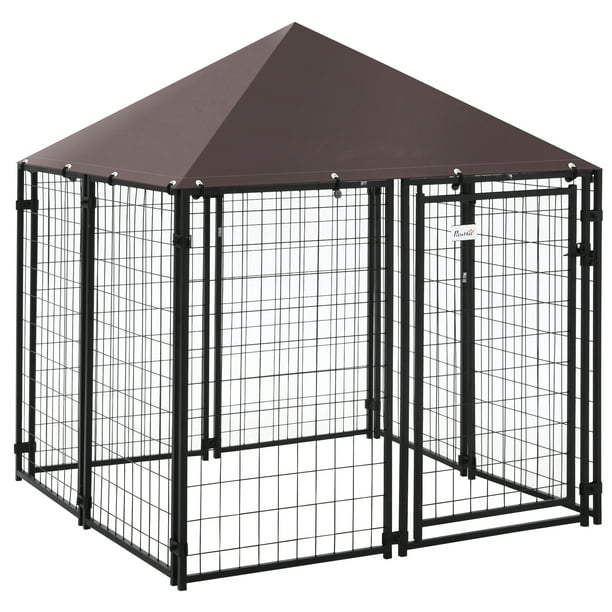 Parc d'extérieur Pawhut Chenil extérieur pour chien - cage chien - enclos  chien - toile toit imperméable anti-UV, porte verrouillable, 2 bols  rotatifs - acier noir oxford