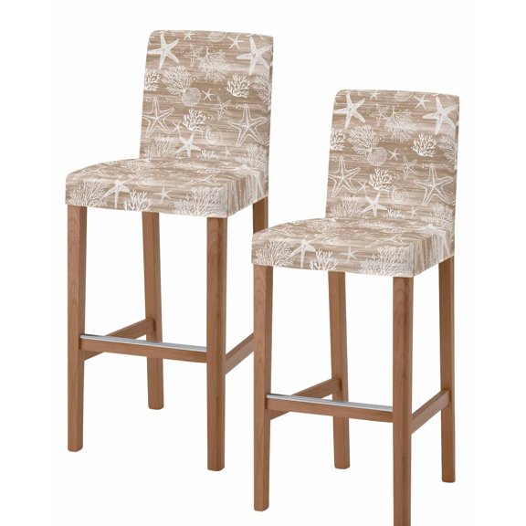 Brown Coastal Bar Stool Covers Set of 2, Summer Beach Nautical Starfish Coral Vintage Stretch Bar Chair Covers with Backs, Removable Pub Counter Height Chair Cover for Kitchen Dining Room Cafe