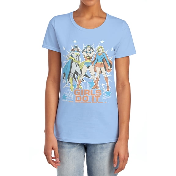 DC Batman, Wonder Woman, Supergirl Girls Do It Better Women's T Shirt (Small) Light Blue