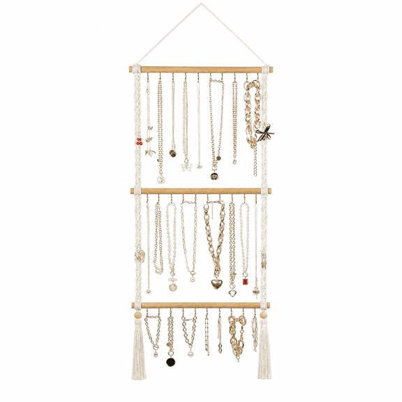 Ouxumoll Hanging Jewelry Organizer, Boho Macrame Necklace Holder, 3-Tier Wood Wall Mount for Earrings, Headbands, 90cm