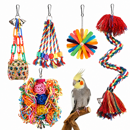 Parrot Toys Bird Perch with Bell Bird Swing Foraging Toys for Birds Colorful Bird Chewing Shredding Toys Bird Playground Bird Cage Accessories for Budgies Cockatiel Conure Lovebird