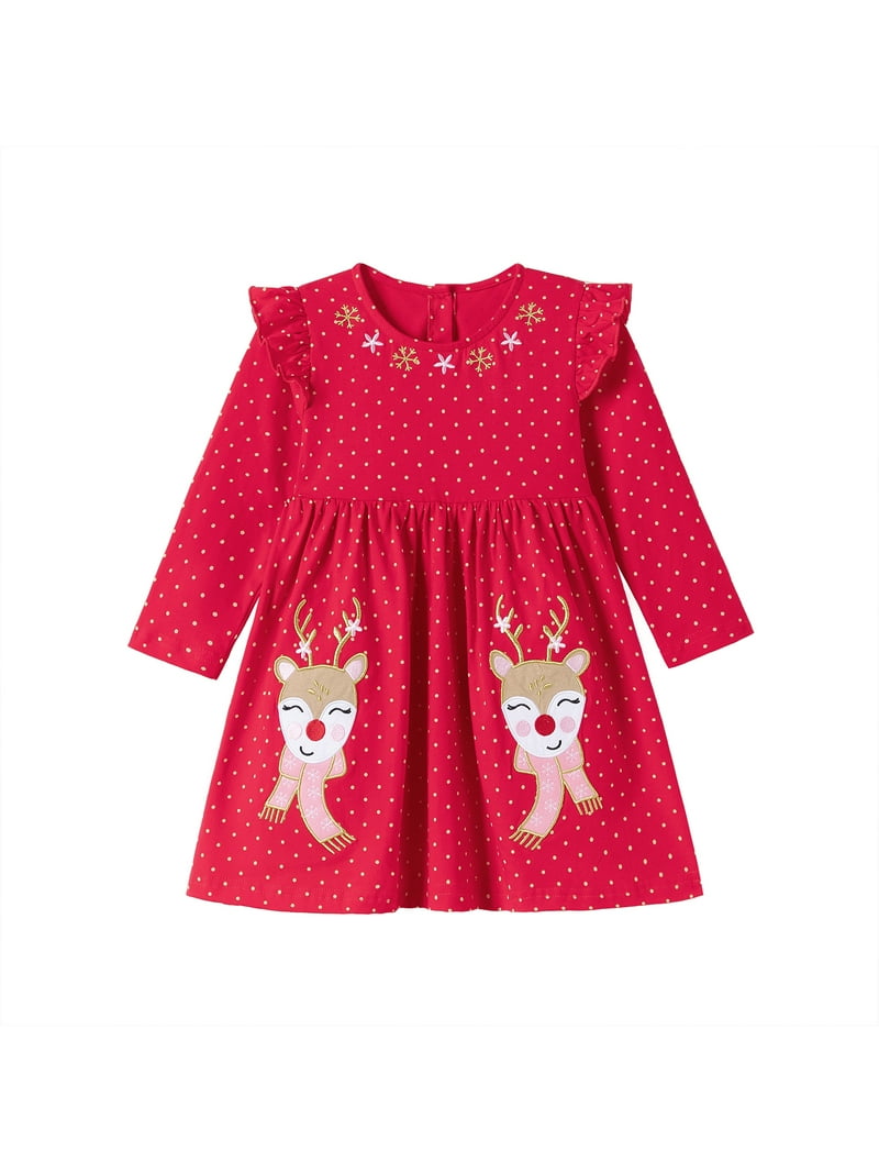 HILEELANG Girls Christmas Dress Long Sleeve Holiday Outfit with Reindeer  Print, Red Ruffle Party Dress for Toddlers & Little Girls 2T