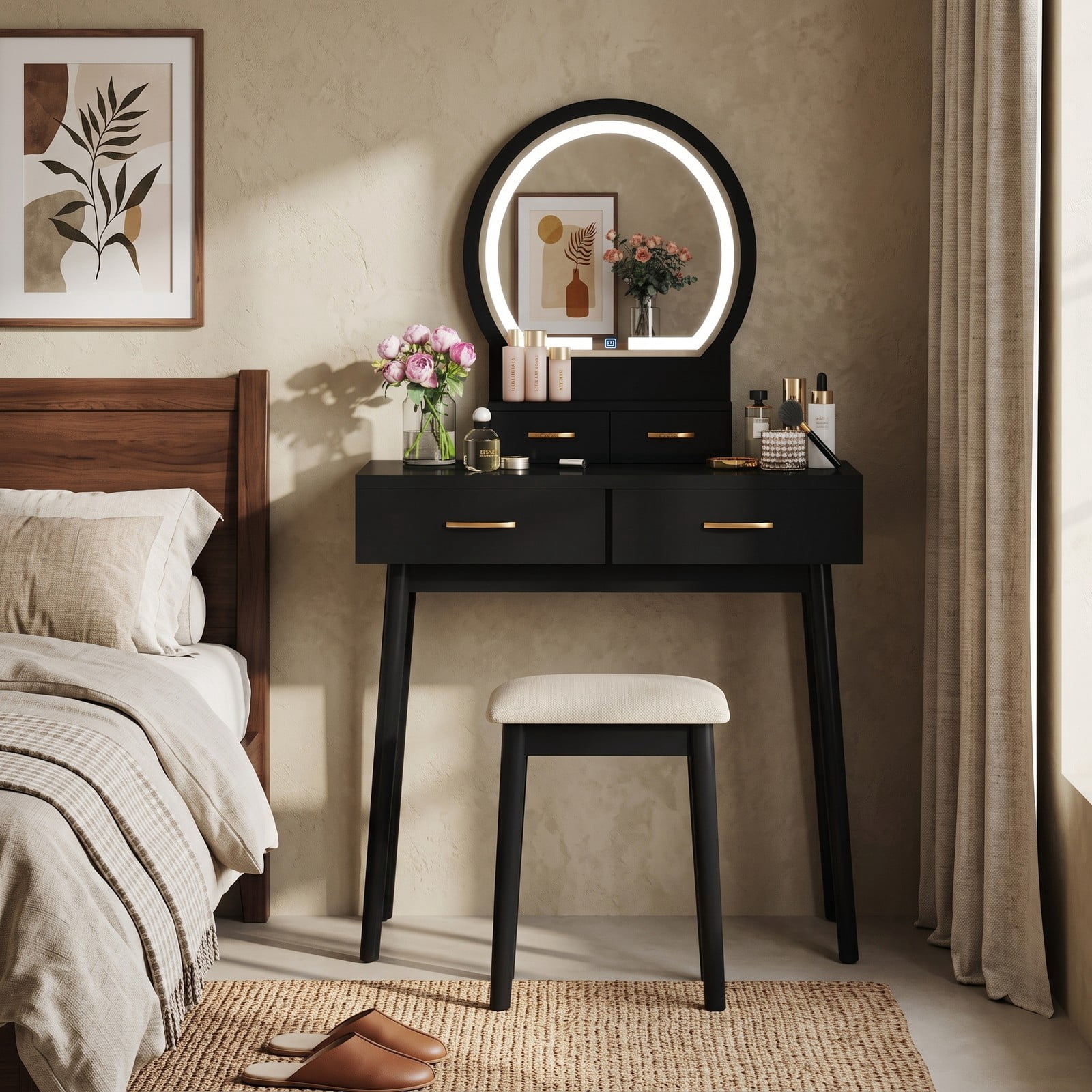 Furnibear Small Vanity Desk Set With LED Lighted Mirror and Cushioned Stool, Compact Makeup Dressing Table With 4 Drawers, Black